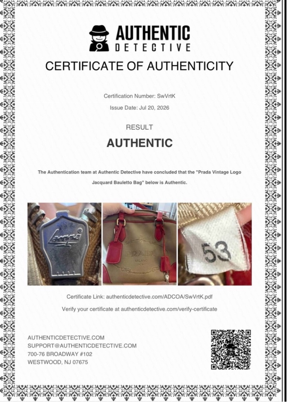 Prada Beige Canvas Shoulder Bag with Red Leather Trim COA - Picture 13 of 13